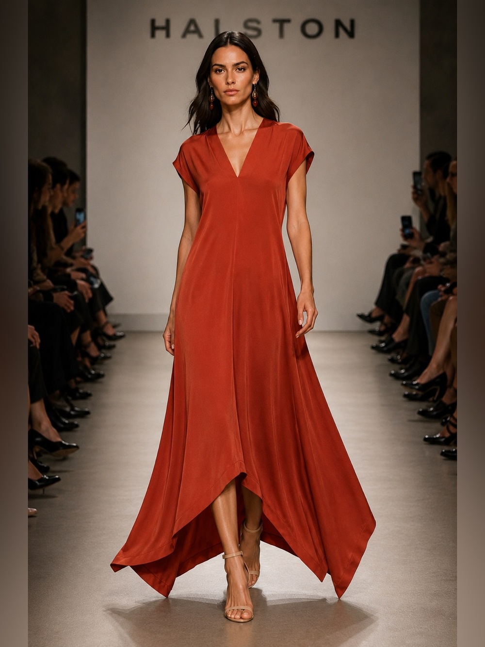 Halston Rust Orange Satin Asymmetrical Maxi Dress Handkerchief Hem V-Neck NWOT